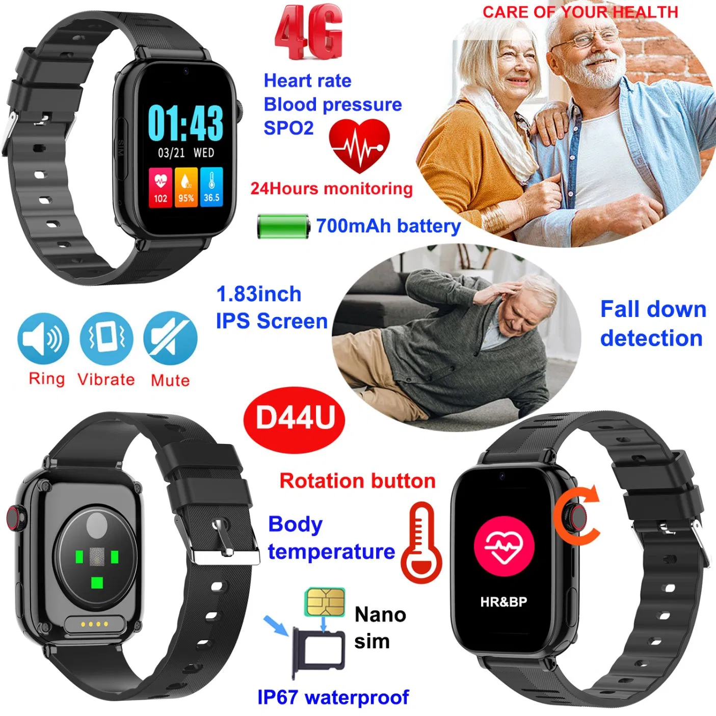 4G IP67 Waterproof Healthcare Senior smart GPS Watch with Fall down detection for Father's Day D44U