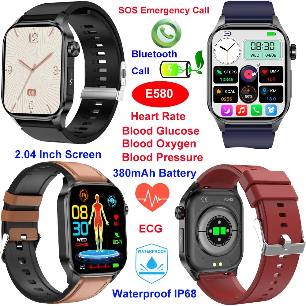 The latest China manufacture IP68 waterproof senior healthcare SOS alarm smart bluetooth watch with HR BP blood oxygen blood glucose monitor E580