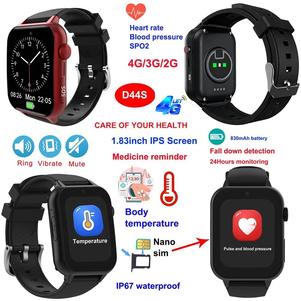 Top sell China manufacture 4G smart GPS tracker watch with Heart rate blood pressure SPO2 fall down detection SOS call D44S