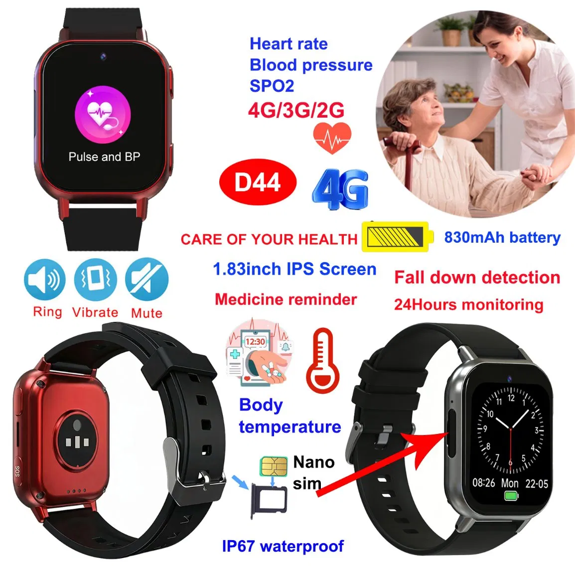 2026 new IP67 waterproof 4G elderly smart GPS Watch with HR/BP/SPO2 monitoring Fall detection SOS button D44