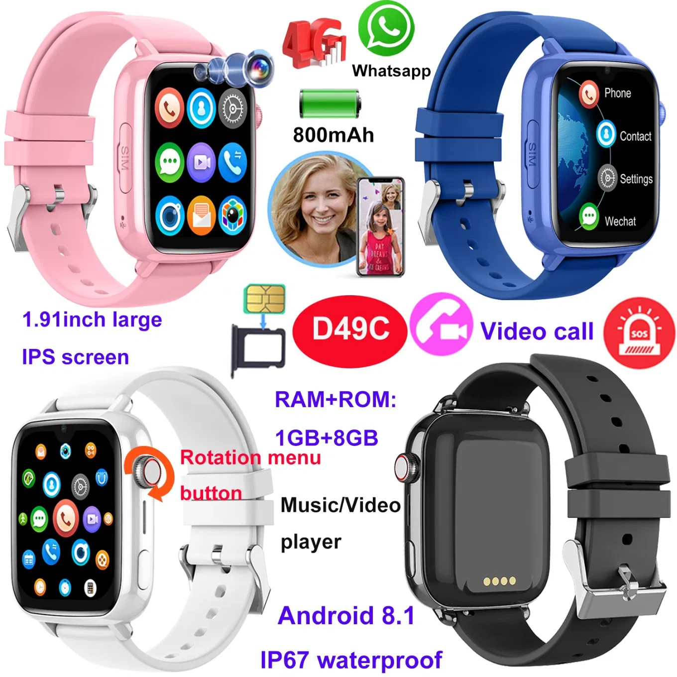 2025 New LTE Android 8.1 Kid GPS Watch Tracker with Two Way Video Call For Real Time communication D49C