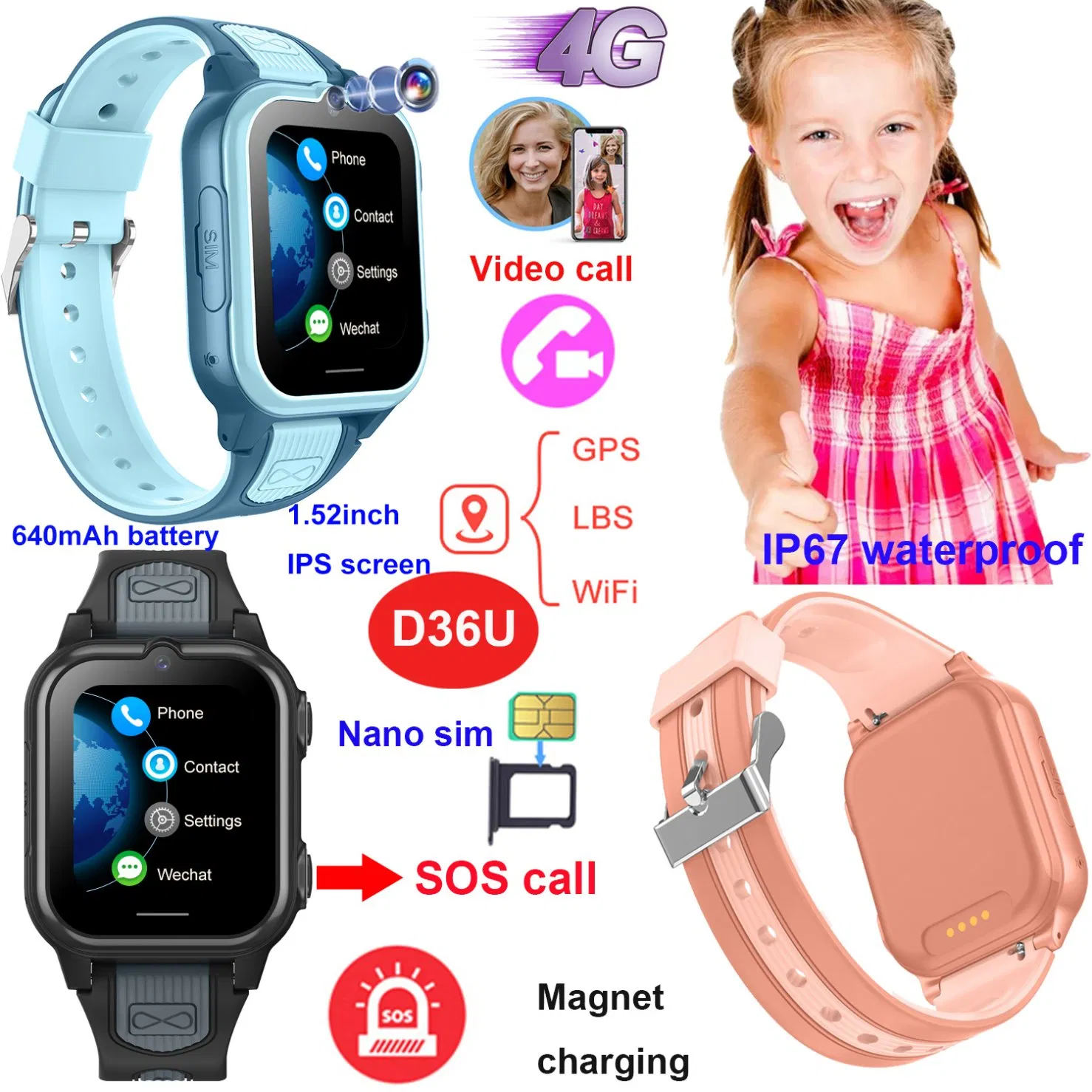 New Design 4G Colorful Touch Screen Kids GPS Tracker Watch with Two way Call for Live Video Communication D36U