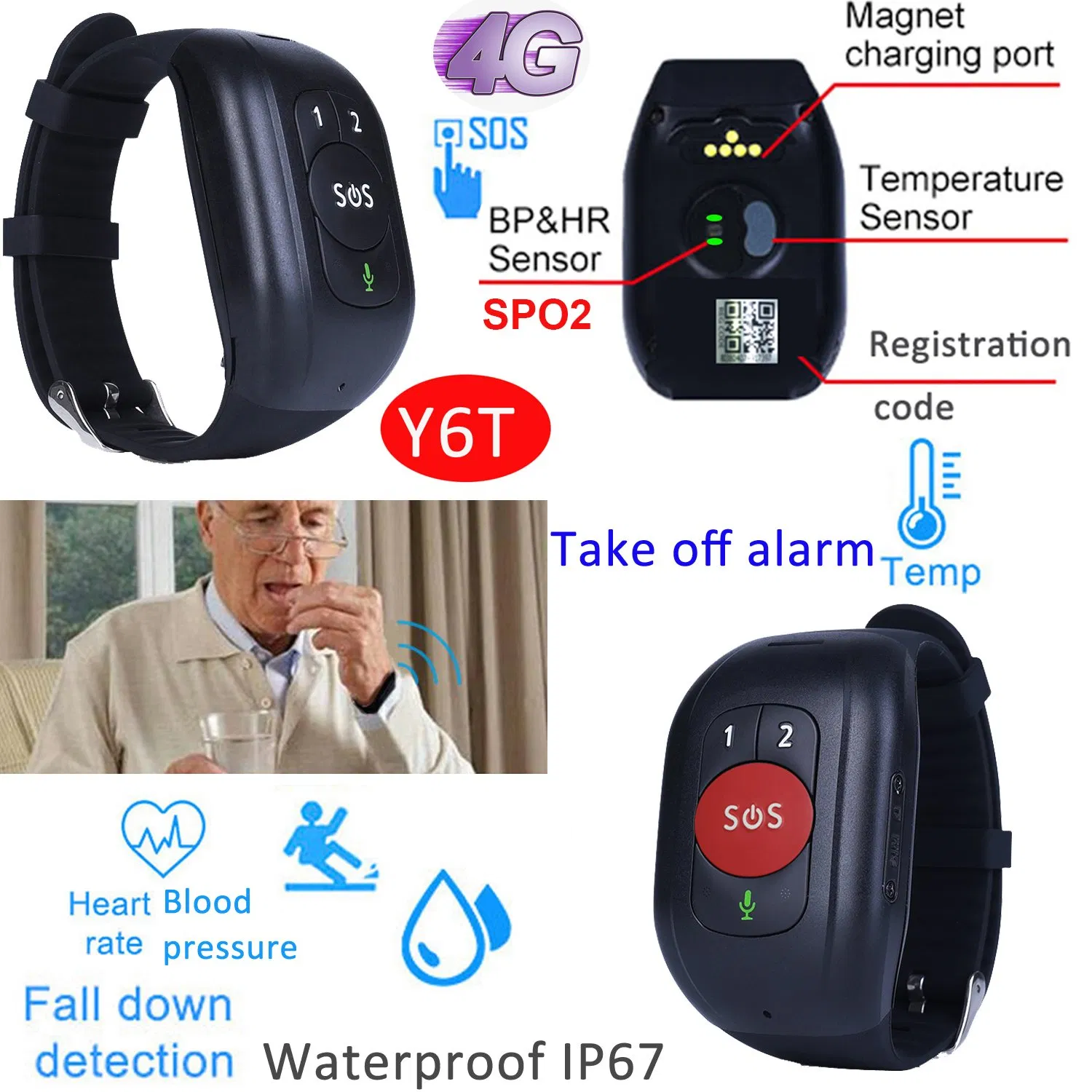 2025 new beauty hot selling waterproof Senior GPS Tracking device with heart rate blood pressure body temperature SPO2 fall down detection Y6T