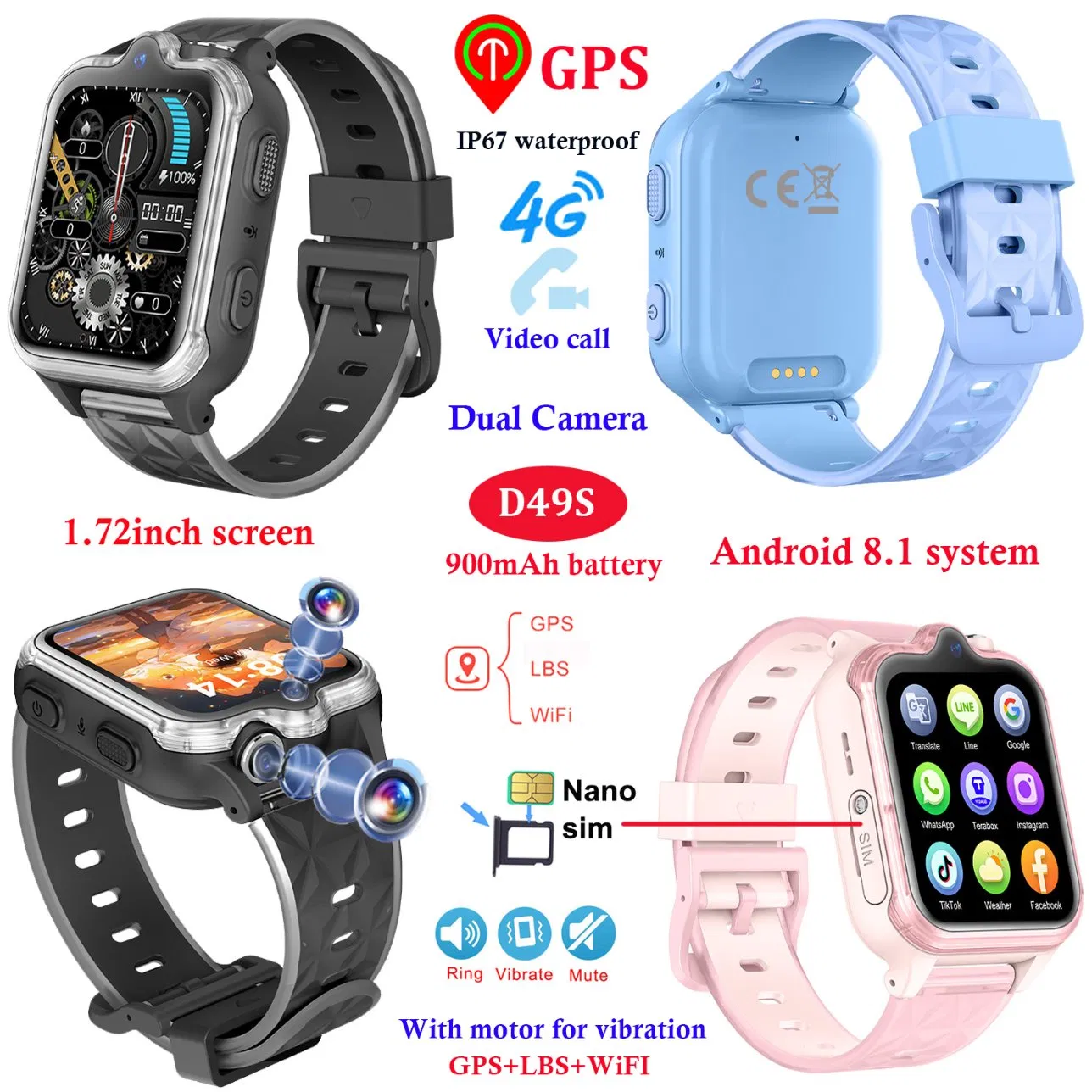 New 4G IP67 waterproof parental control gps smart watch with SOS panic button for emergency help D49S