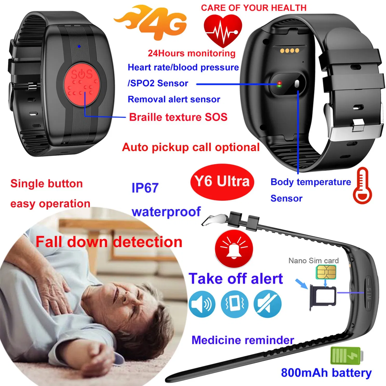 China factory waterproof 4G senior elderly adult healthcare monitoring GPS bracelet tracking device with Removal Alert Y6Ultra