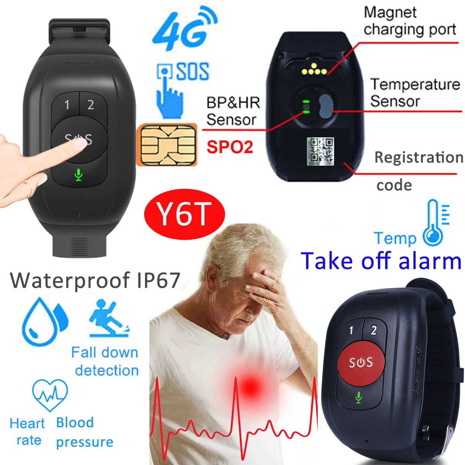 New Trendy 4G LTE Body Temperature Elderly Smart Security GPS Tracker Watch with Fall Alarm removal detection heart rate blood pressure Y6T