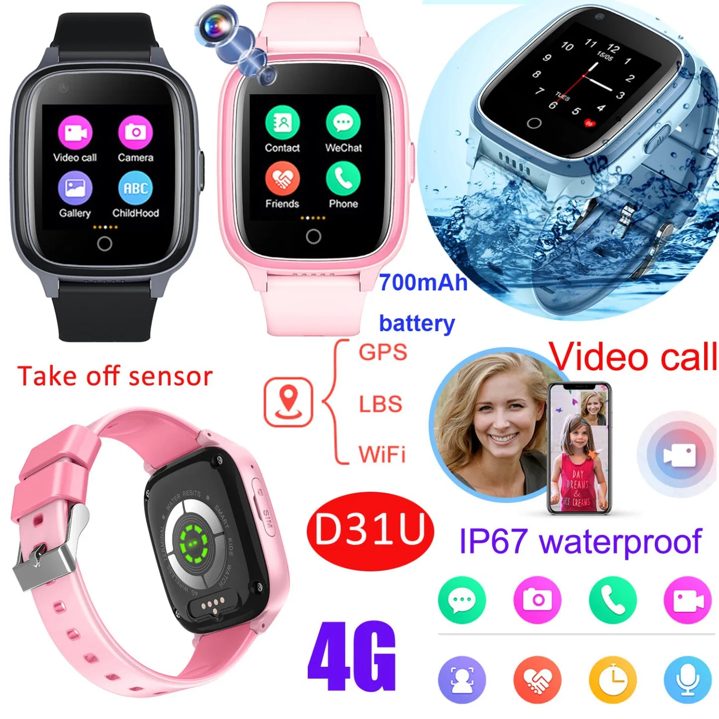 2026 The latest 4G WiFi Tracking Video Call Waterproof SOS Call Boys Girls Kids GPS security Smart Watch with Removal Alert for Emergency Help D31U