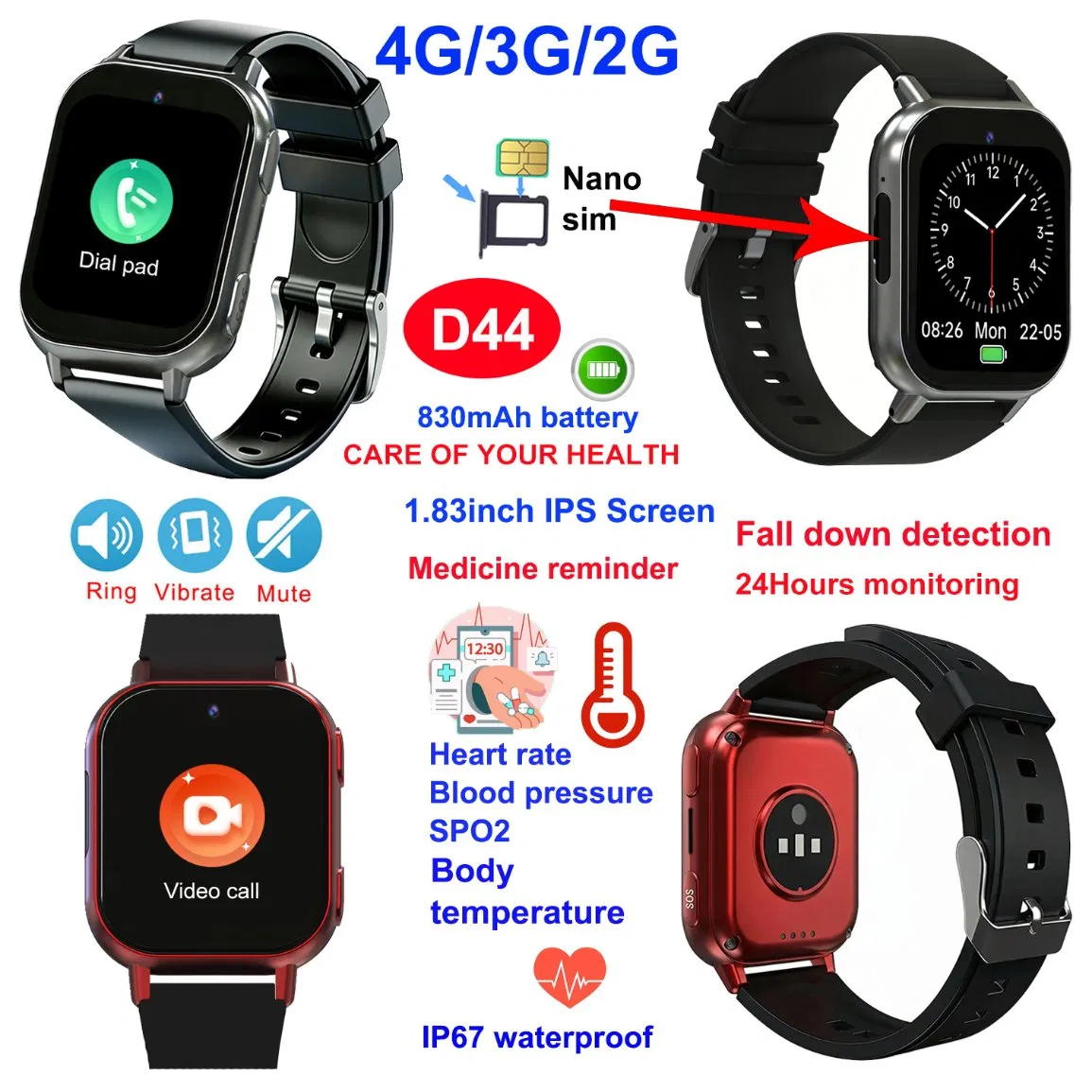 Quality 4G IP67 waterproof smart gps tracker watch with health monitoring fall down detection for senior D44
