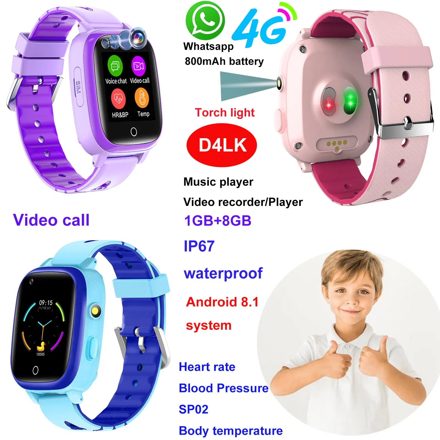 New Launched LTE IP67 Waterproof Student electronic Personal GPS watch with Two Way Video Call for Live Time Communication D4LK