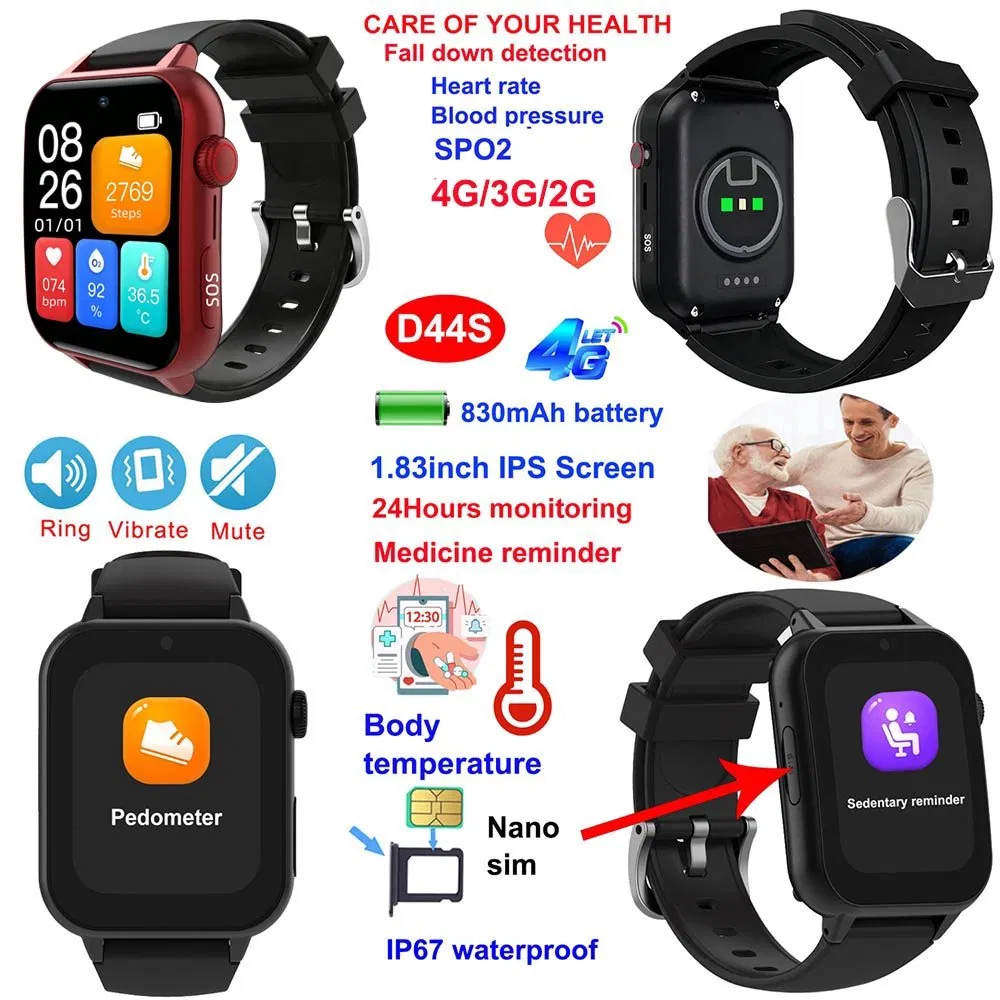 Hot selling China manufacture IP67 waterproof Radian screen long battery life adults gps tracker watch with HR BP SPO2 sleep monitoring D44S