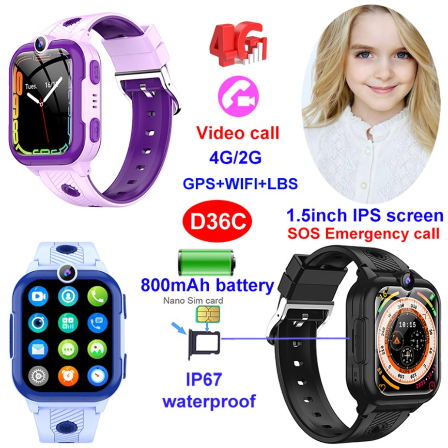 New developed 4G China manufacture IP67 waterproof kids security smart GPS tracker watch with live map monitoring history tracking SOS panic button D36C