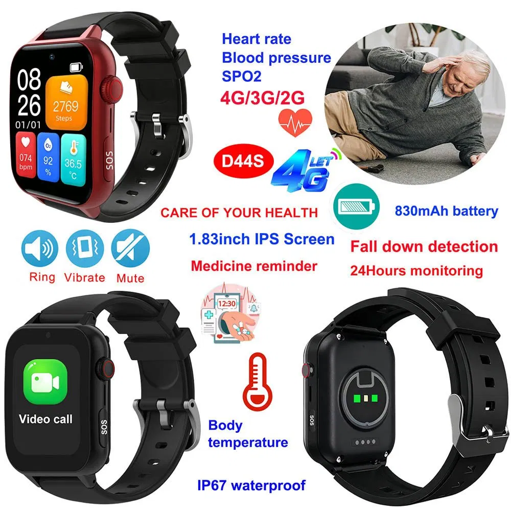 Best quality China factory 4G IP67 waterproof long battery life gps tracker with HR BP SPO2 monitor for adults healthcare D44S