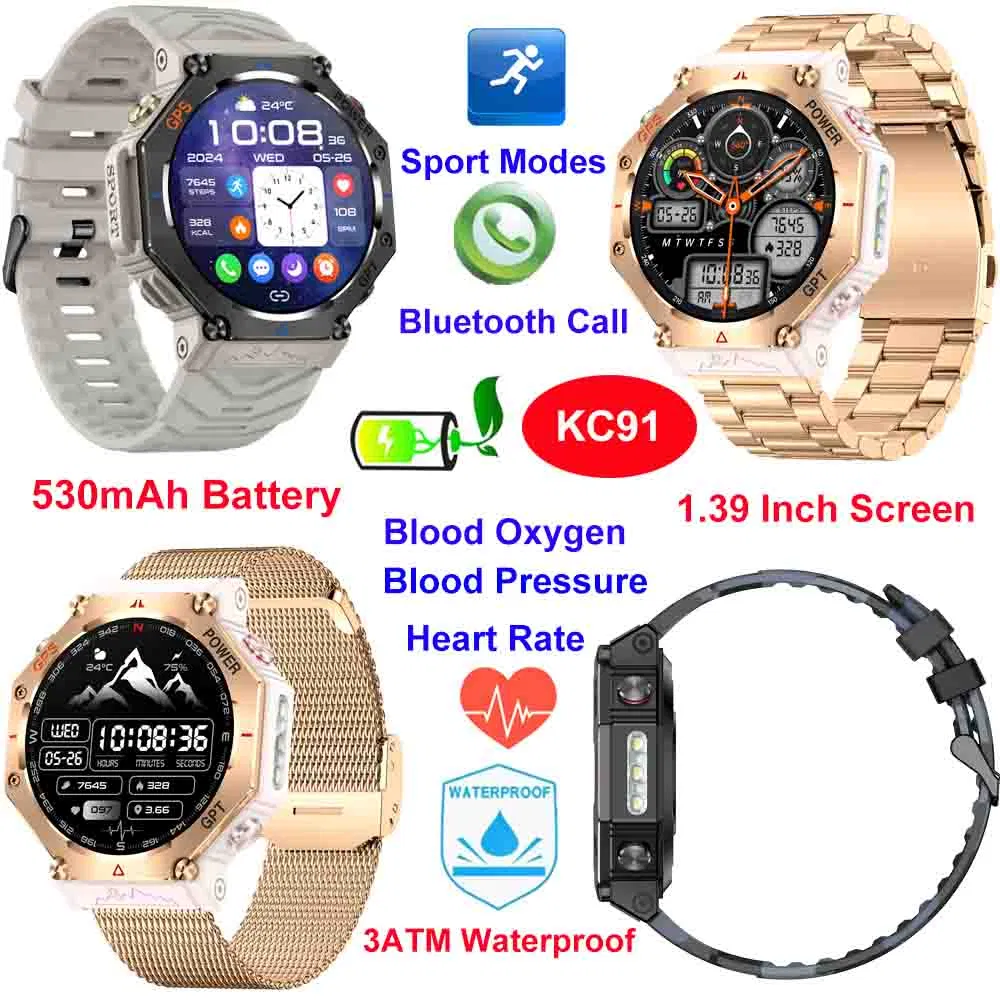 Wholesale China factory 3ATM waterproof senior healthcare smart bluetooth watch with heart rate blood oxygen blood pressure monitoring KC91