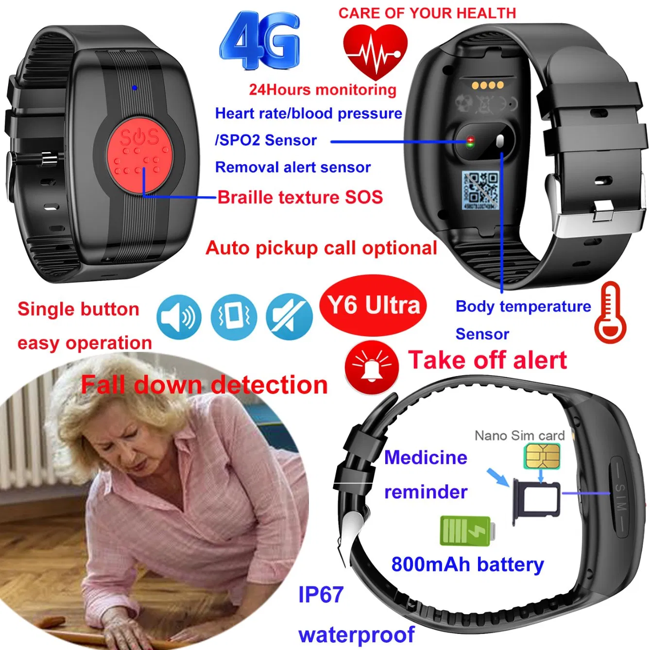 Hot selling 4G waterproof Senior Bracelet GPS Tracking Tracker Smart Watch with removal alert blood pressure thermometer SPO2 fall down detection Y6Ultra