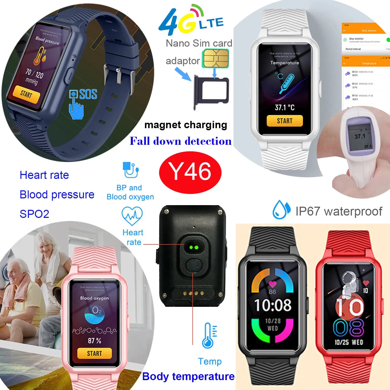 New slim design 4G LTE Waterproof IP67 Senior health care Safety Security GPS Tracker Smart Watch Y46