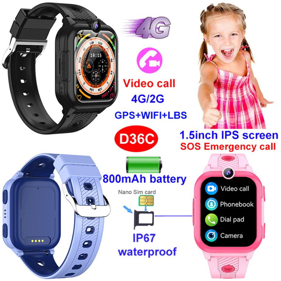 New design China manufacture 4G IP67 waterproof security kids smart GPS watch tracker device with video call SOS panic button live map monitoring D36C