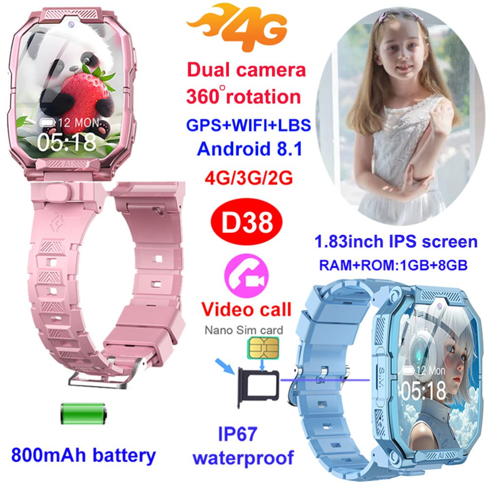 Top quality China manufacture 4G IP67 waterproof smart kids GPS tracker watch with history route live map monitoring panic button for SOS call D38