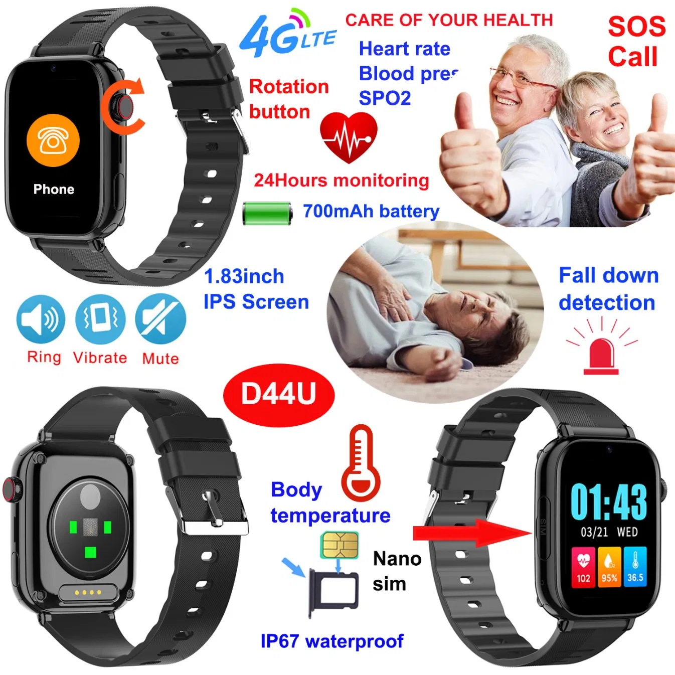Good Quality 4G IP67 Waterproof &nbsp;Alzheimer's Patients GPS Watch Tracking Device with Live Map Monitoring for Anti Lost D44U