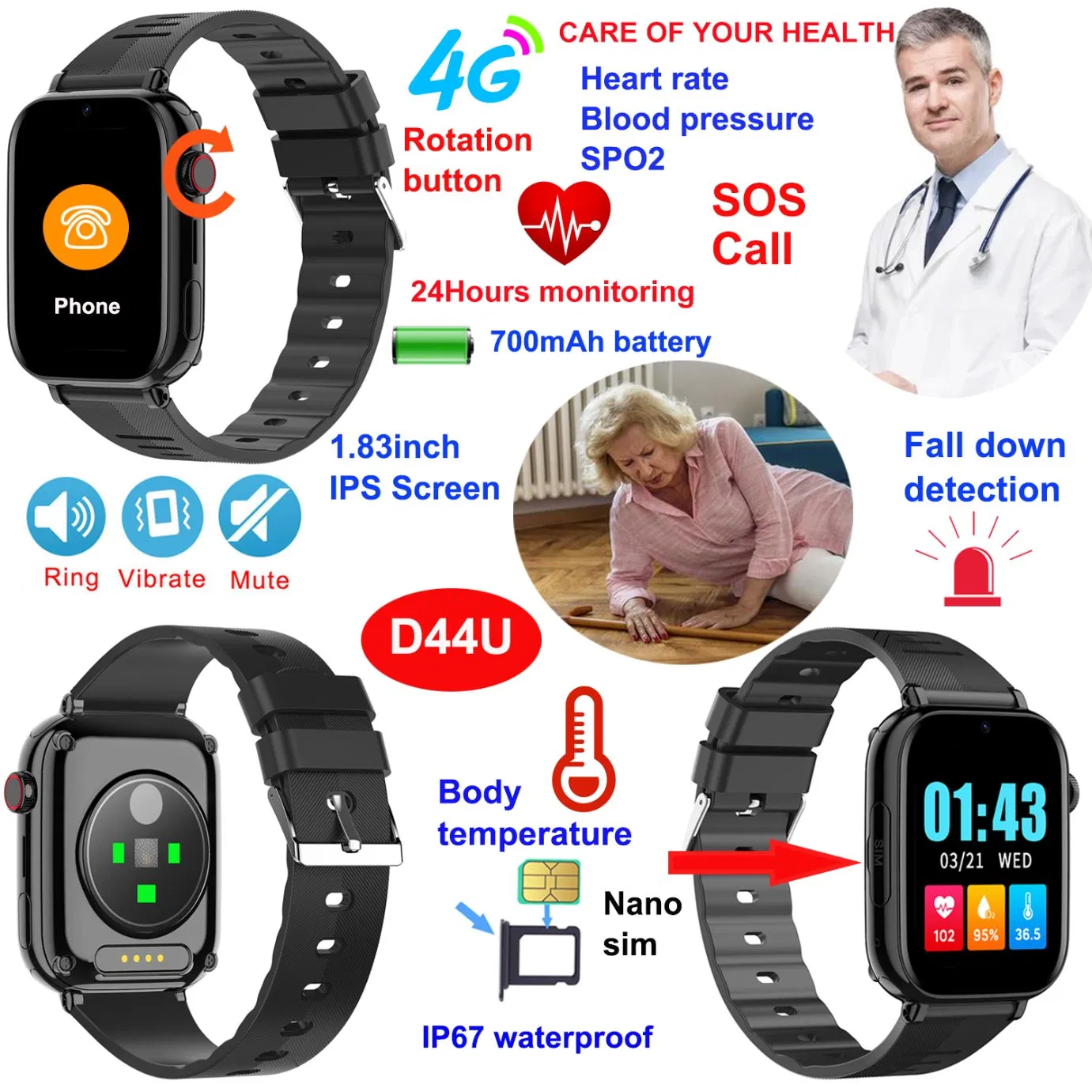 Good Quality 4G IP67 Waterproof Senior Health care GPS device with HR BP Monitoring for Fitness Tracking D44U