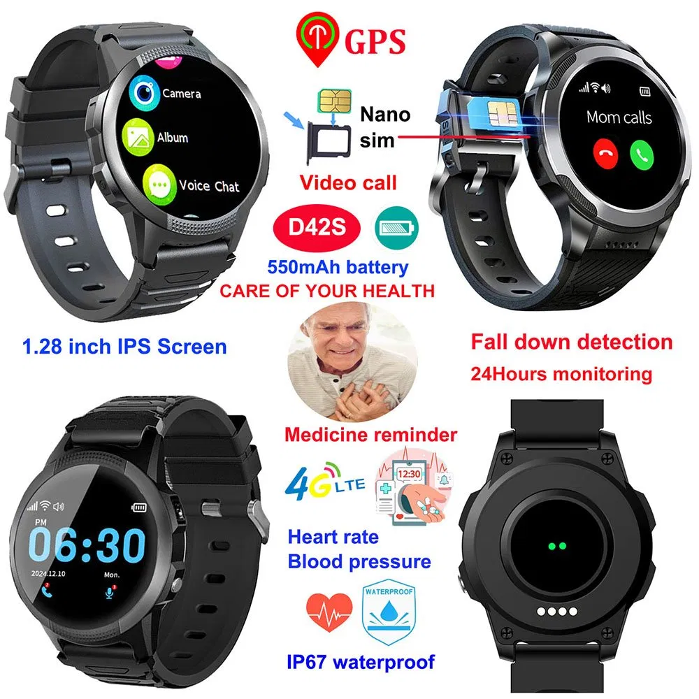 4G remote monitoring senior elderly gps tracker smart watch with HR BP fall down detection D42S