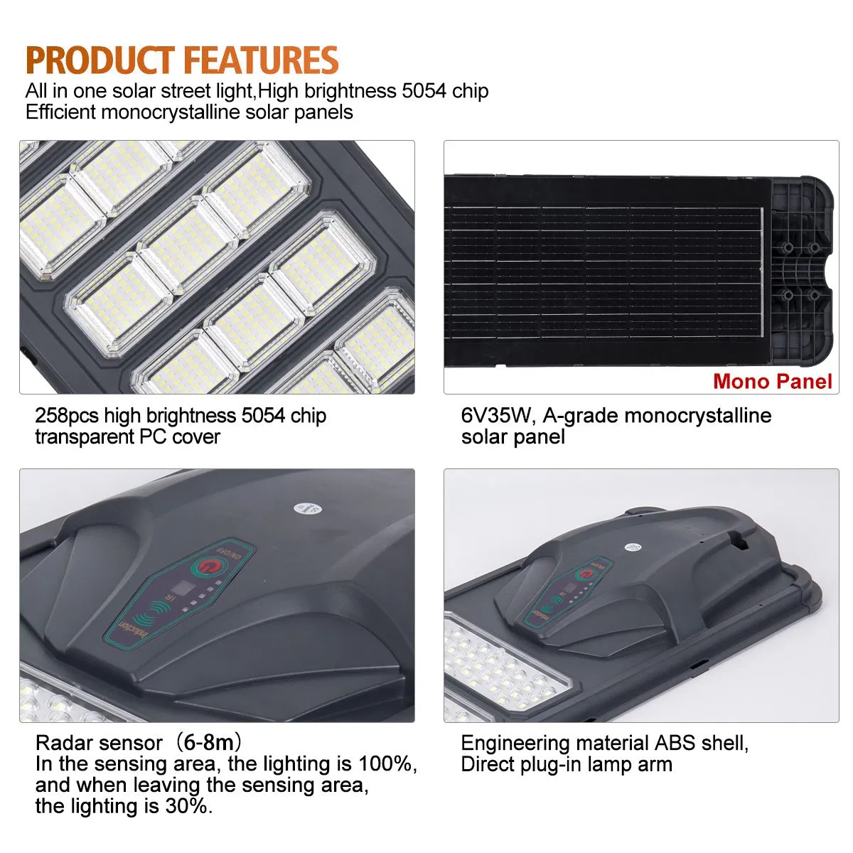 Factory Direct Waterproof IP65 Streetlight Outdoor Die-Casting Aluminium 300W 400W 500W Integrated All in One LED Solar Road Lamp Lamp