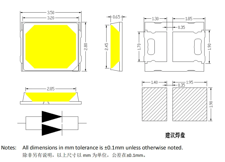 0.5W 150mA 2835 SMD LED Chip