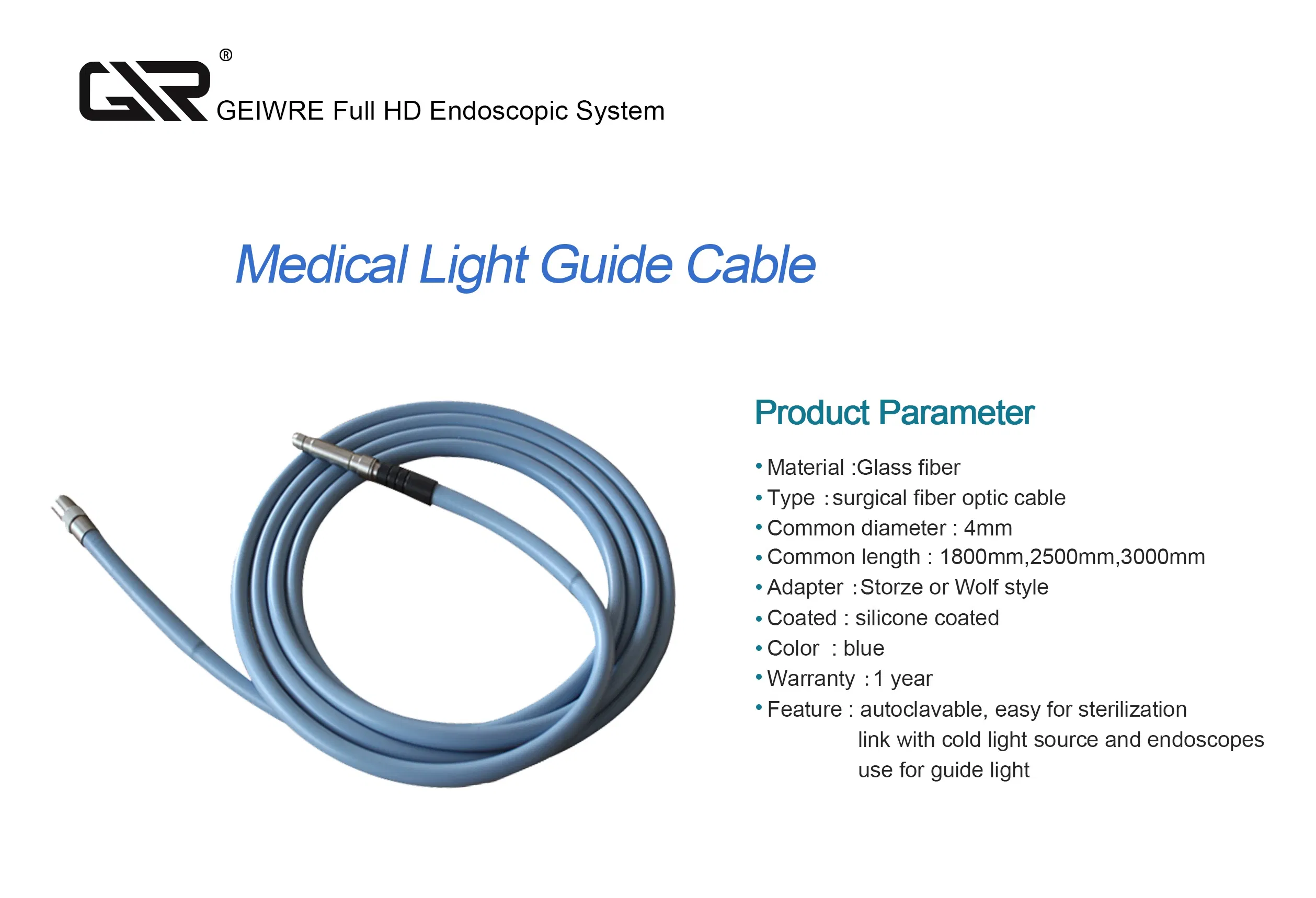 Longer Length Endoscope Light Source Cable Medical Imaging Equipment Accessory