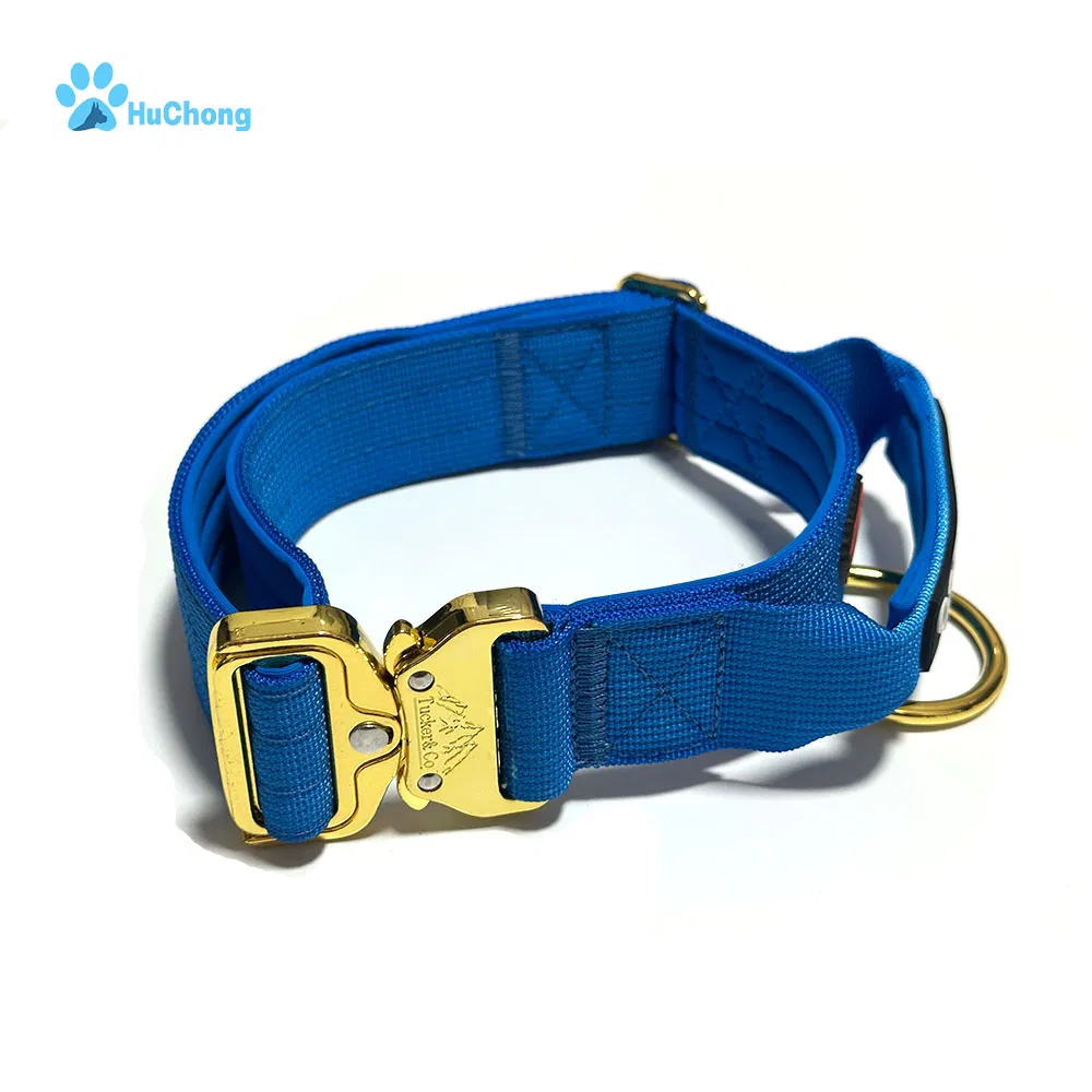 Coleira para cachorro tática grossa de nylon neoprene ajustável e macia, com acolchoamento pesado e fivela de metal dourada gravada