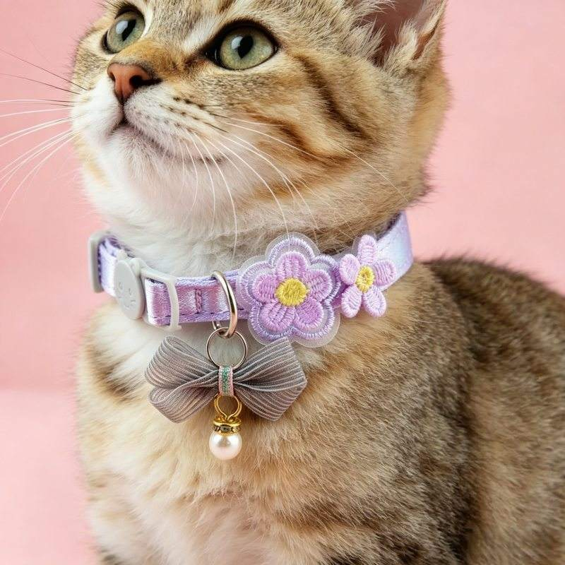 Cute Cat Collar Embroidery Flower &amp; Bowknot Adjustable Soft Polyester Pet Necklace with Pearl Pendant for Cats Small Pets
