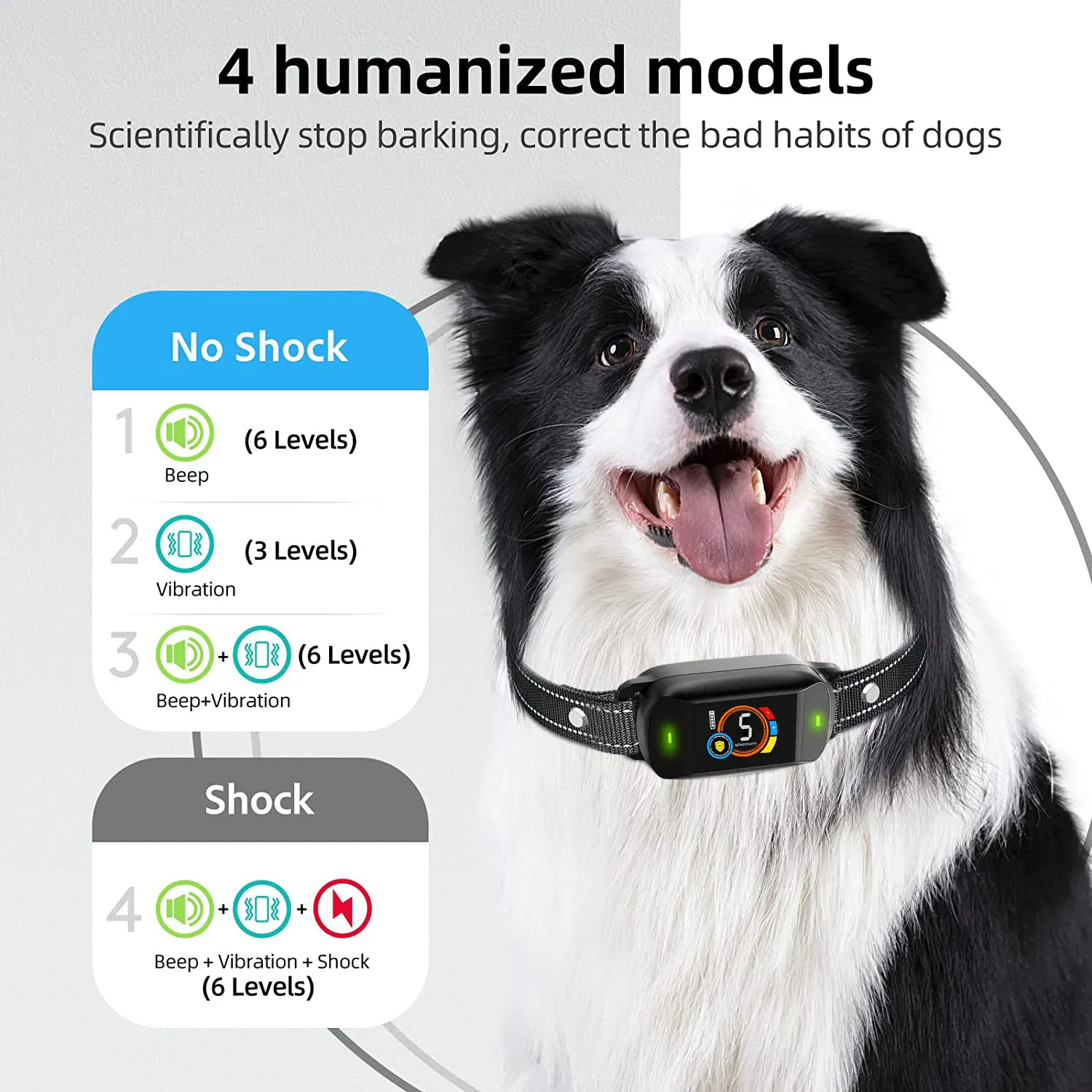 Colar de treinamento para cães com controle automático inteligente, anti-ladrido, recarregável via USB, à prova d'água, com LED para parar o latido