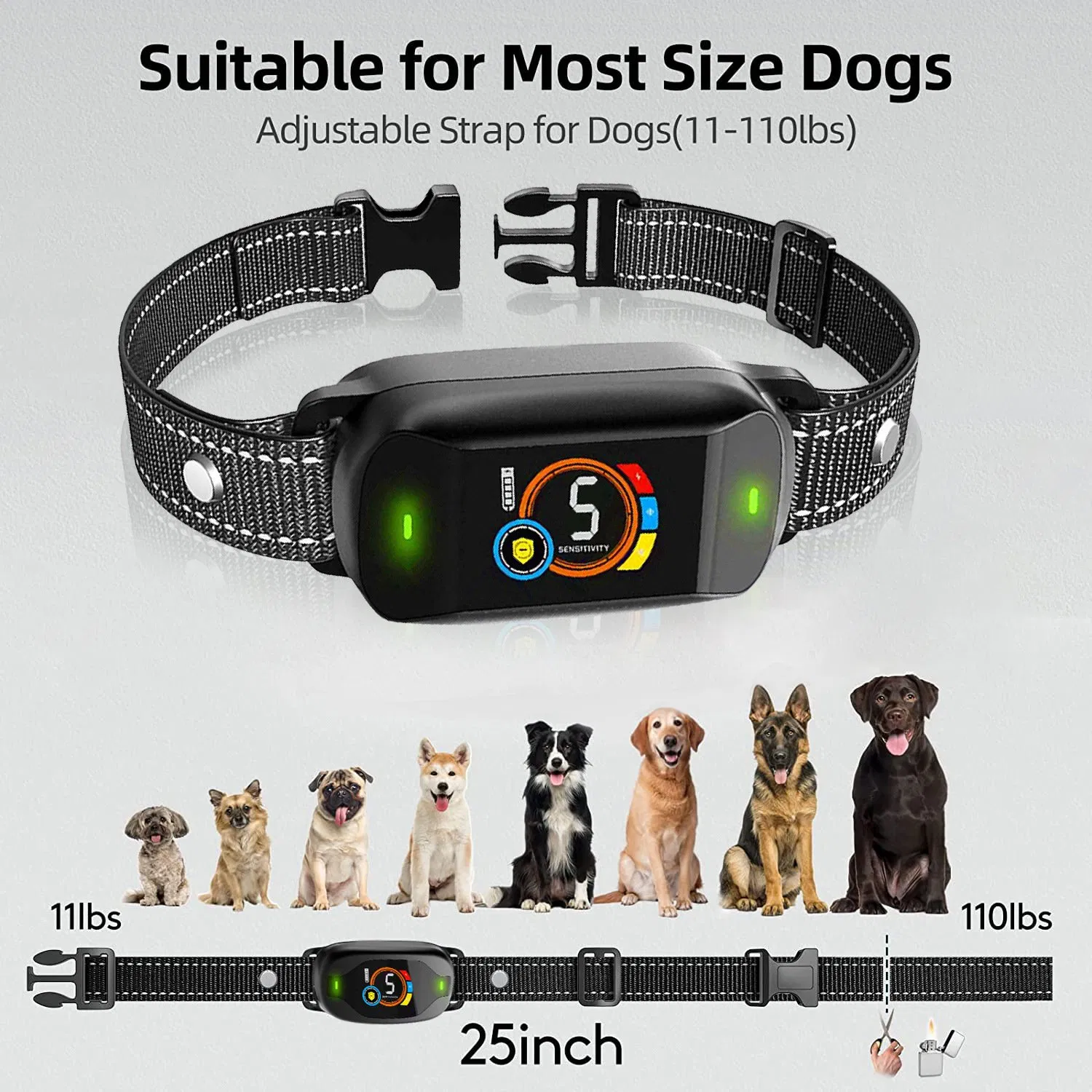 Colar de treinamento para cães com controle automático inteligente, anti-ladrido, recarregável via USB, à prova d'água, com LED para parar o latido