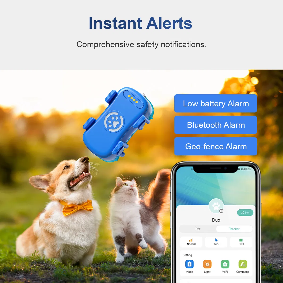 Dispositivo de rastreamento mini para animais de estimação OEM, com modo de sono, monitor de saúde, WiFi, Bluetooth e GPS, coleira para pets ao ar livre