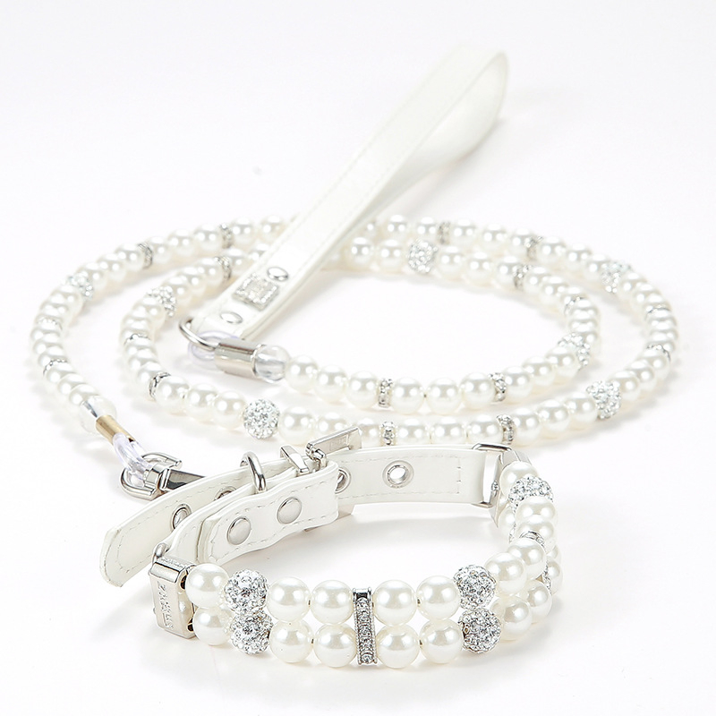 Conjunto de Colar e Guia de Pérola de Luxo para Gato e Cachorro com Strass