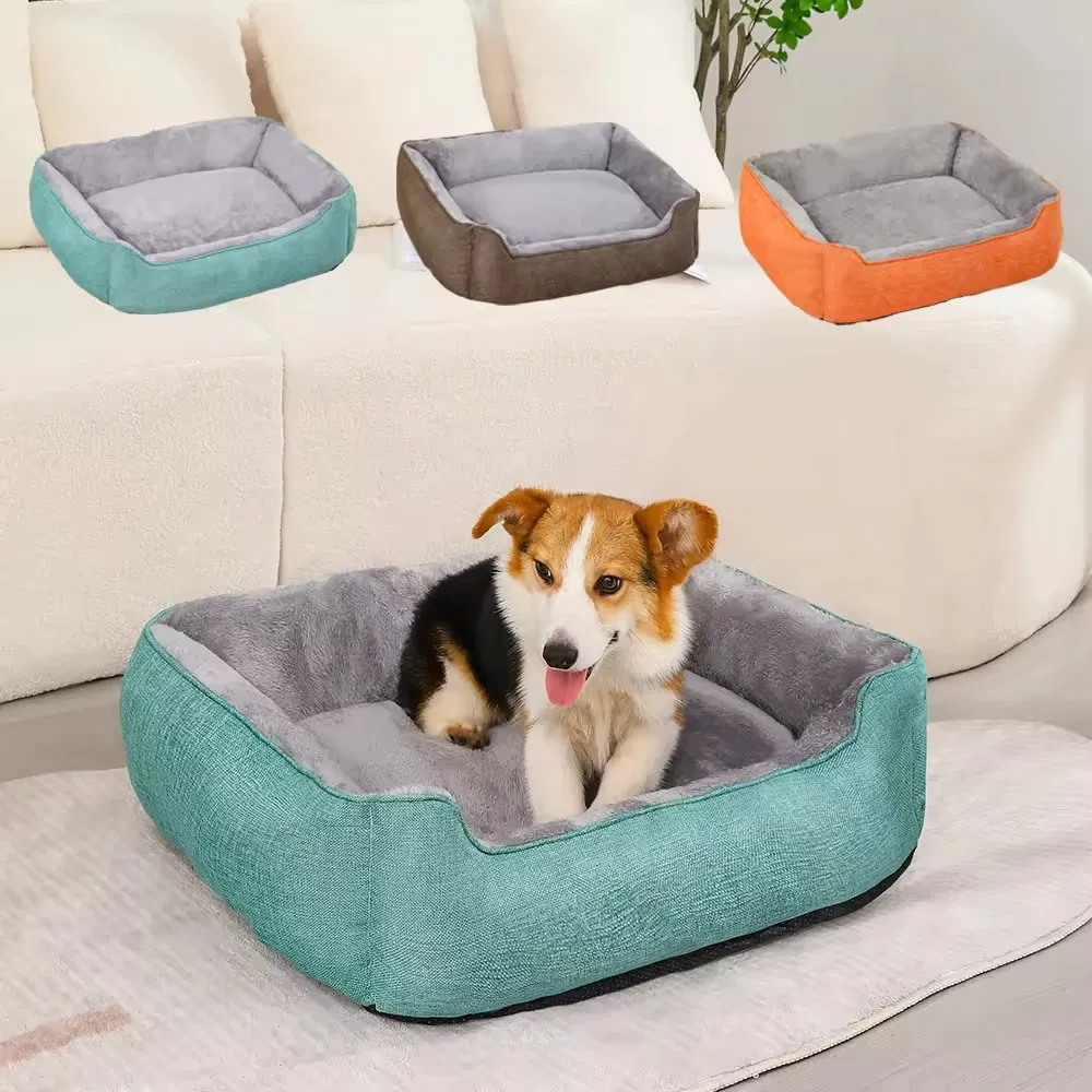 Modern Square Flax Raised Portable Dog &amp; Cat Bed Comfortable All-Season Thickened Removable Pet Bed
