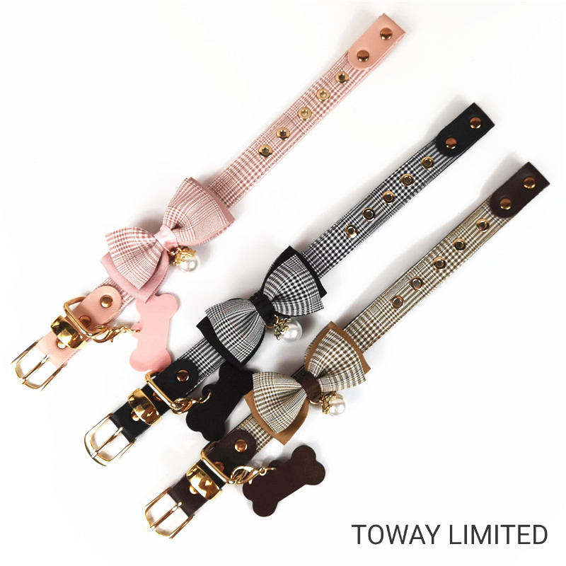 Design Classic Pet Accessories Grid Dog Bowknot Collars with Leash