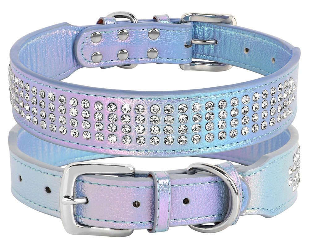 Luxury Leather Colorful Pet Collar Padded Bling Diamonds Rhinestone Dog Collar