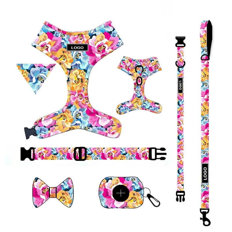 Custom Logo Dog Harness Leash Collar Dye Sublimation Printing Pet Lead Harness