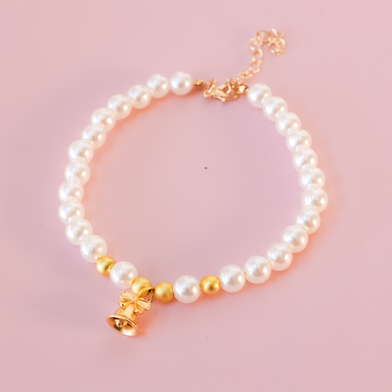 Pet Collar Cat Dog Pearl Necklace Gold Color Tiger Head Lock Bell