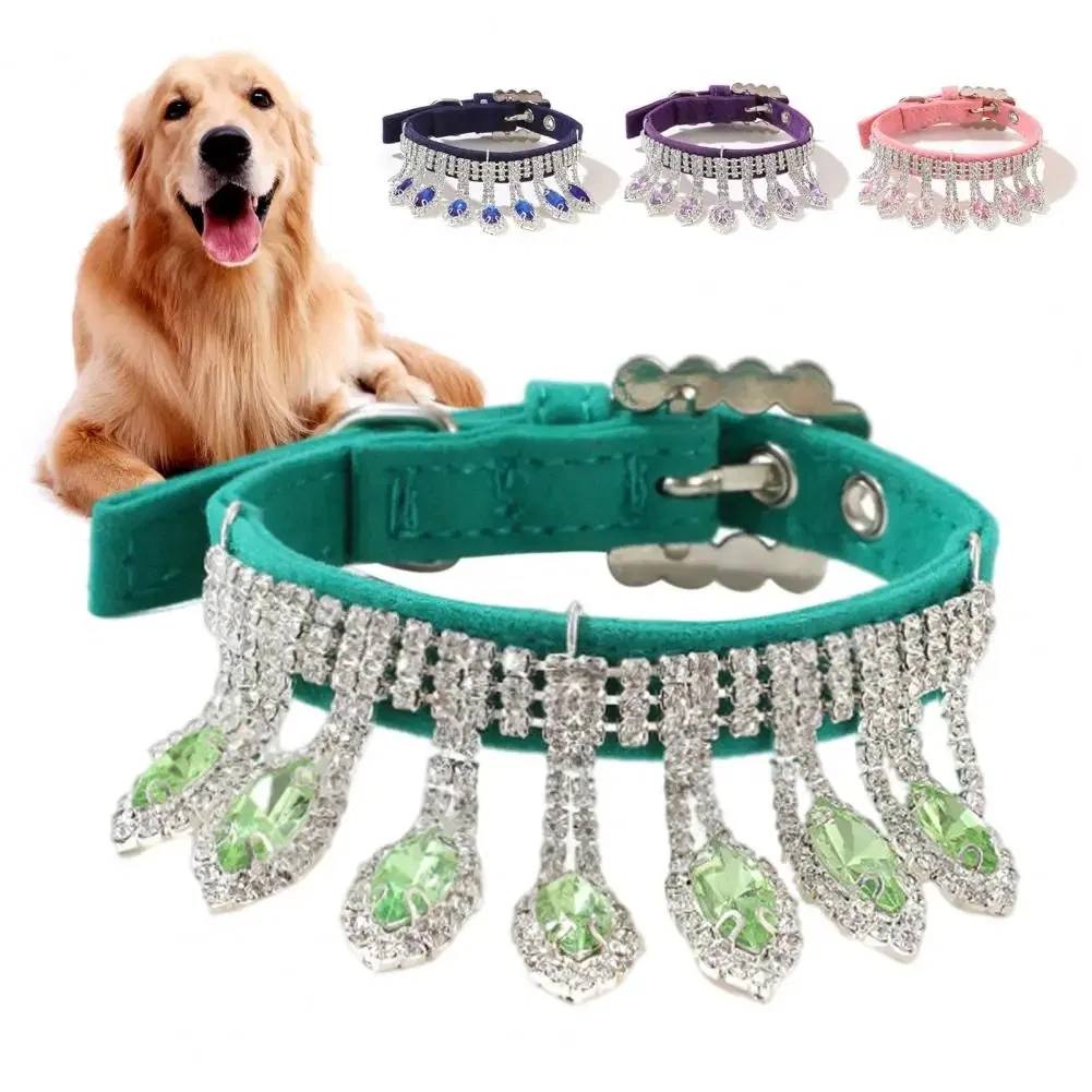 Rhinestone Dog Cat Collar Luxury Crystal Puppy Kitten Necklace Diamond Pendant Adjustable Soft Velvet Leather Pet Dog Collar