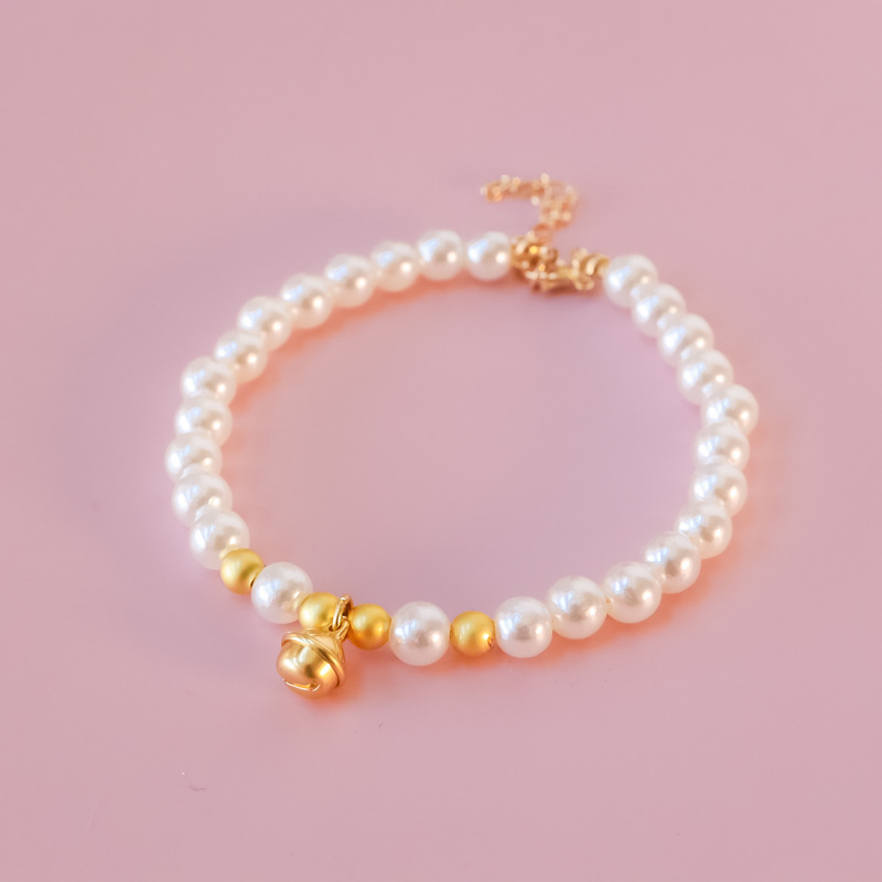 Pet Collar Cat Dog Pearl Necklace Gold Color Tiger Head Lock Bell