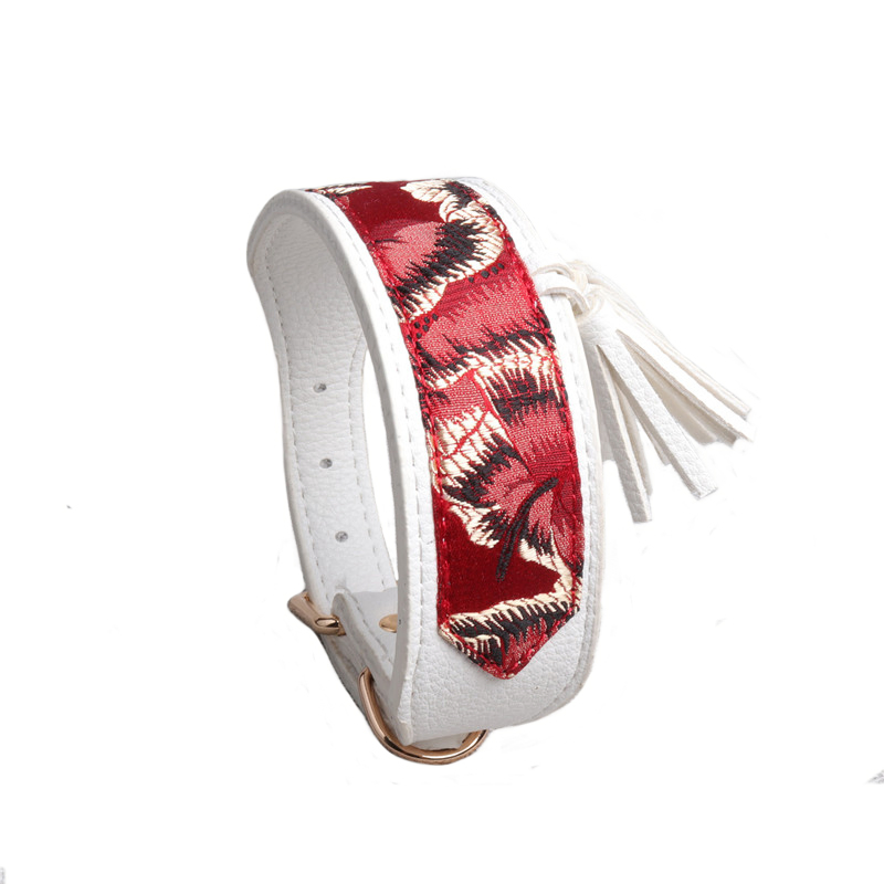 Hot Sale Custom Logo Soft Adjustable Pure White Luxury Leather Dog Collar Red Silk Jacquard Ribbon Fabric Pet Collar with Tassel