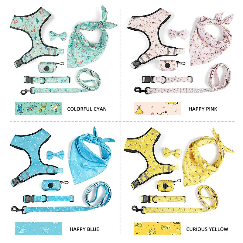 Petisland Factory Manufacturers Designer Custom Pet Clothes Luxury Printed Mesh 6 in 1 Reversible Pet Clothing OEM ODM Dog Harness Leash Bandana Collar Set