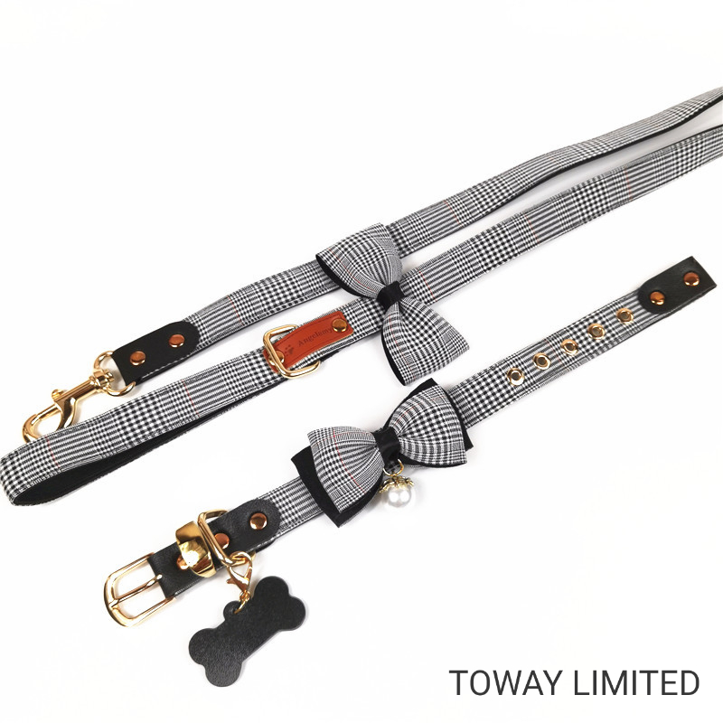 Design Classic Pet Accessories Grid Dog Bowknot Collars with Leash