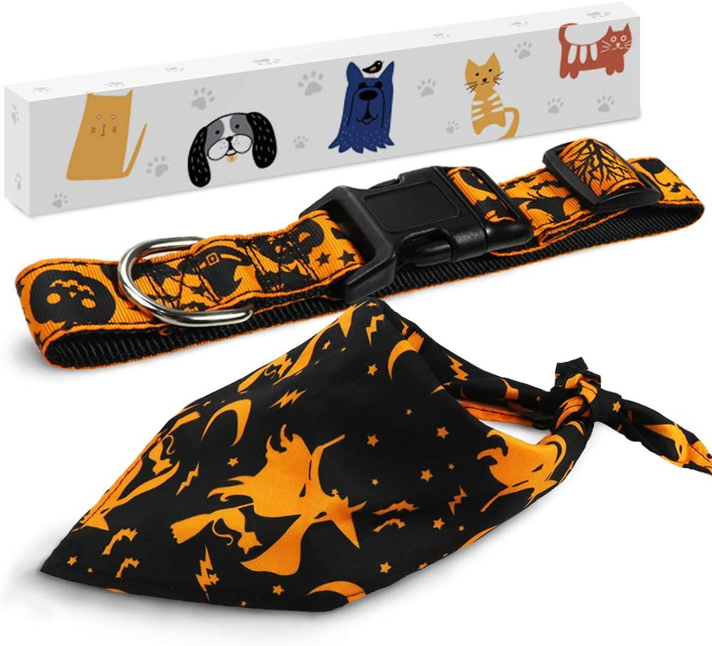 Halloween Dog Bandanas and Collars Set, Pumpkin Witch Ghost Costume Triangle Pet Scarf &amp; Collar