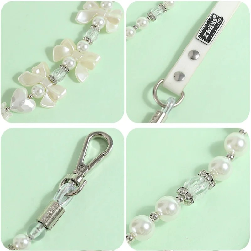 Pet Collar Pet Leash PU Leather Delicate Imitation Pearl Dog Pearl Collars Built in Wire Rope for Dog Cat Collar Chain Leash Set