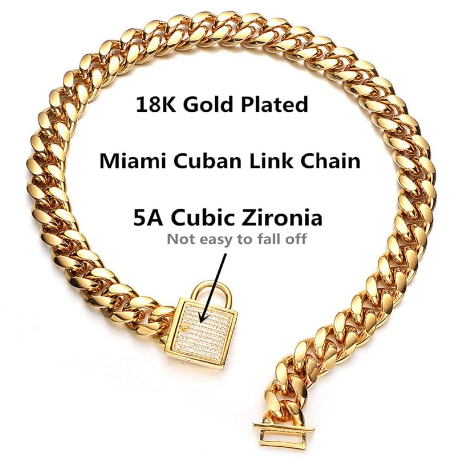 Gold Dog Collar with Dog ID Tag and Bell Cubic Zirconia Locking