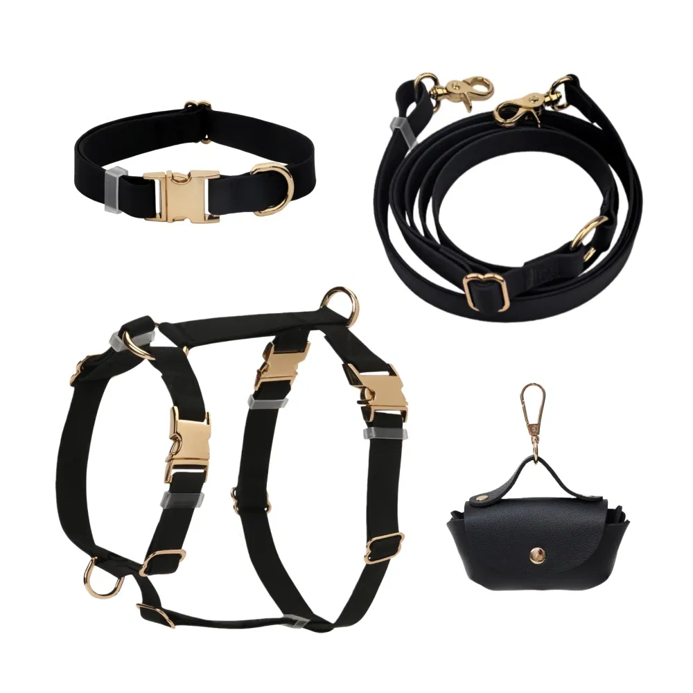 OEM Waterproof Dog Harness Collar Combine with Hands Free Leash &amp; Poop Bag Hoder Personalized Logo Gold Metal Buckle Luxury Pet Harness Leash