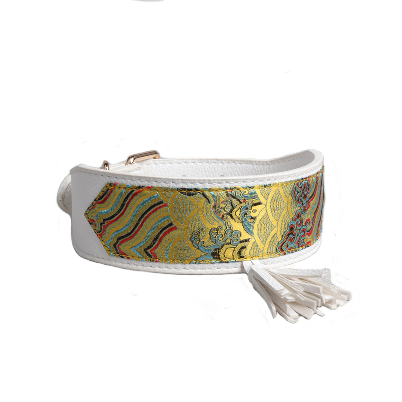 Hot Sale Custom Logo Soft Adjustable Pure White Luxury Leather Dog Collar Red Silk Jacquard Ribbon Fabric Pet Collar with Tassel