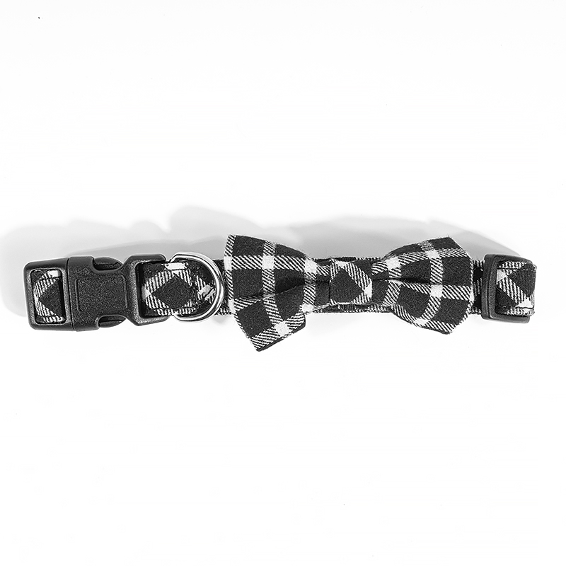 China Pet Supply Dog Products Black POM Buckle Plaid Dog Collar with Bowknot Bowtie