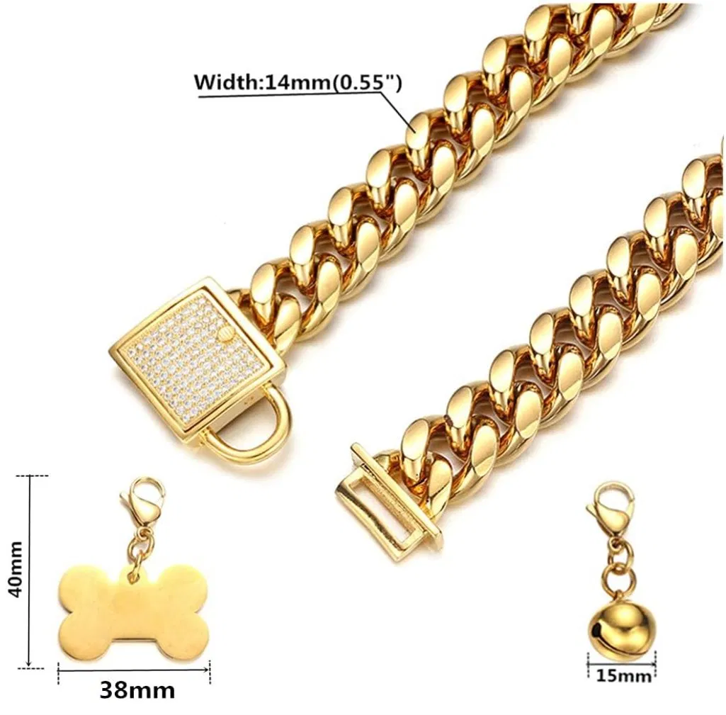 Gold Dog Collar with Dog ID Tag and Bell Cubic Zirconia Locking